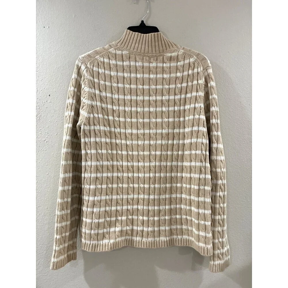 L.L.Bean womens tan white striped cable knit full-zip sweater cardigan cotton Xl
